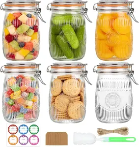 32oz Mason Jars with Airtight Lids, 6 Pack Wide Mouth Canning Jars with Clamp Lid, Quart Glass Canisters for Kitchen Storage, Pickling, Coffee, Cereal, Sugar, Flour, Beans