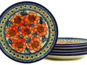 Polish Pottery Set of 6 Plates 7" Peach Poppies