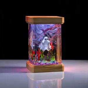 Halloween Ghost Figurines Epoxy Resin Diorama Wooden Base Spooky Ornament Desk Decor Handmade Gift Collectible Art Piece Home Decoration