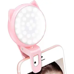 SQ-RDL002 Selfie Clip on Ring Light, Mini Rechargeable 9 Level Adjustable Brightness Modes with 32 LED, 2-8 Hours, USB Flash Lighting for iPhone/Android, Cell Phone Photography,Video, Vlogging - Pink