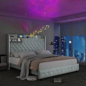 Queen LED Bed Frame with Optional Mattress, Galaxy Aurora Star Projector & Charging Station, 52" Upholstered Wingback Headboard with Hidden Storage, Sturdy Noise-Free Platform Bed, No Box Spring Needed, Velvet Grey