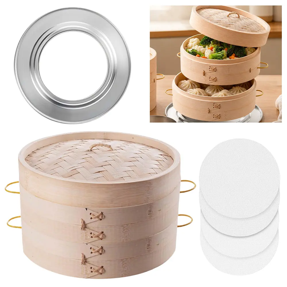 10-Inch Bamboo Steamer Basket Set with Reusable Silicone Liner, Ring Adapter, Wok-Compatible Handles for Kitchen Cookware – Ideal for Dumplings, Buns, Vegetables