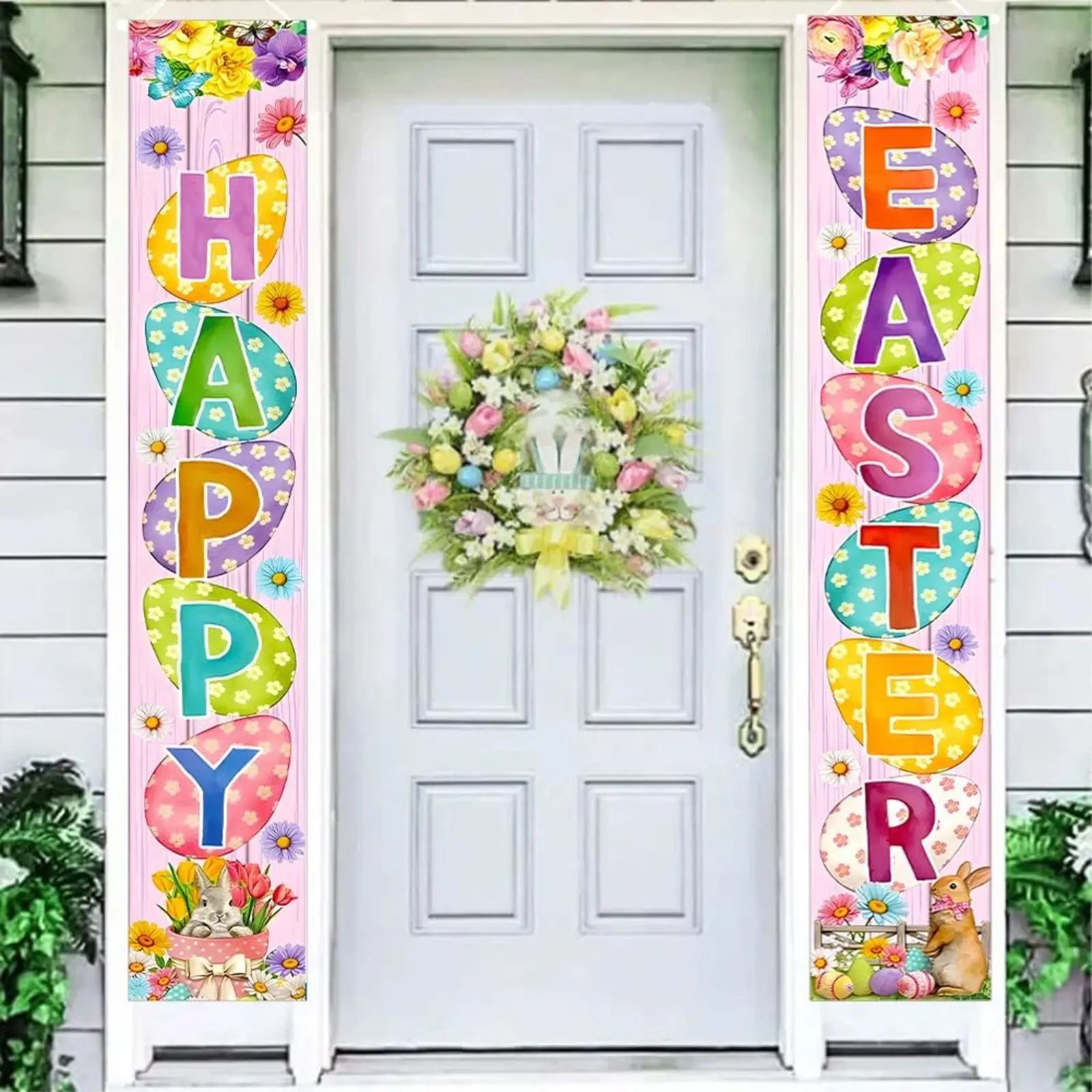 Easter Porch Decorative Banner Set - Bunny, Egg, Tulip Design, 11.8 in (w)×70.8 in (h) Front Door Sign, Farmhouse Home Decor, Festive Party Anniversary Gift, Wall Hanging Backdrop, Wall Decor Flags, Yard Sign Banner