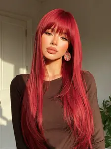 26 Inch Bright Red With Bangs Lace Front Wig Heat Resistant Synthetic Hair Perfect for Daily Wear & Parties, Glueless Ready to Wear Wig