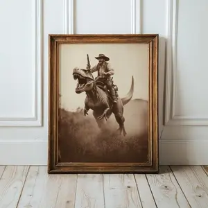 [Sale off up to 50%] [No frame, Free Ship] Cowboy Riding Dinosaur Wall Art Print, Western Style Print, Prehistoric Dinosaur Poster, Wild West Dinosaur Cowboy Print, Sepia Poster