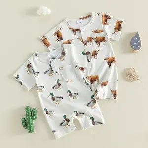Afunbaby Infant Baby Boy Summer Romper Mallard Duck Highland Cow Print Short Sleeve Animal Print Jumpsuit Newborn Playsuit 0-18 Months