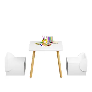 Nordic White Natural Wood Kids Table and Chairs Set Stackable Design MDF Solid Wood Toddler Activity Furniture Built-in Removable Fabric Storage Bin Rounded Corner Child Safe 120LBS Capacity Easy Assembly for Playroom Nursery Apartment