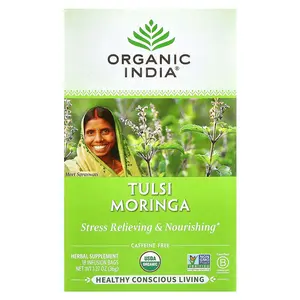 Organic India Tulsi Moringa Tea, Caffeine Free, 18 Infusion Bags, 1.27 oz (36 g)