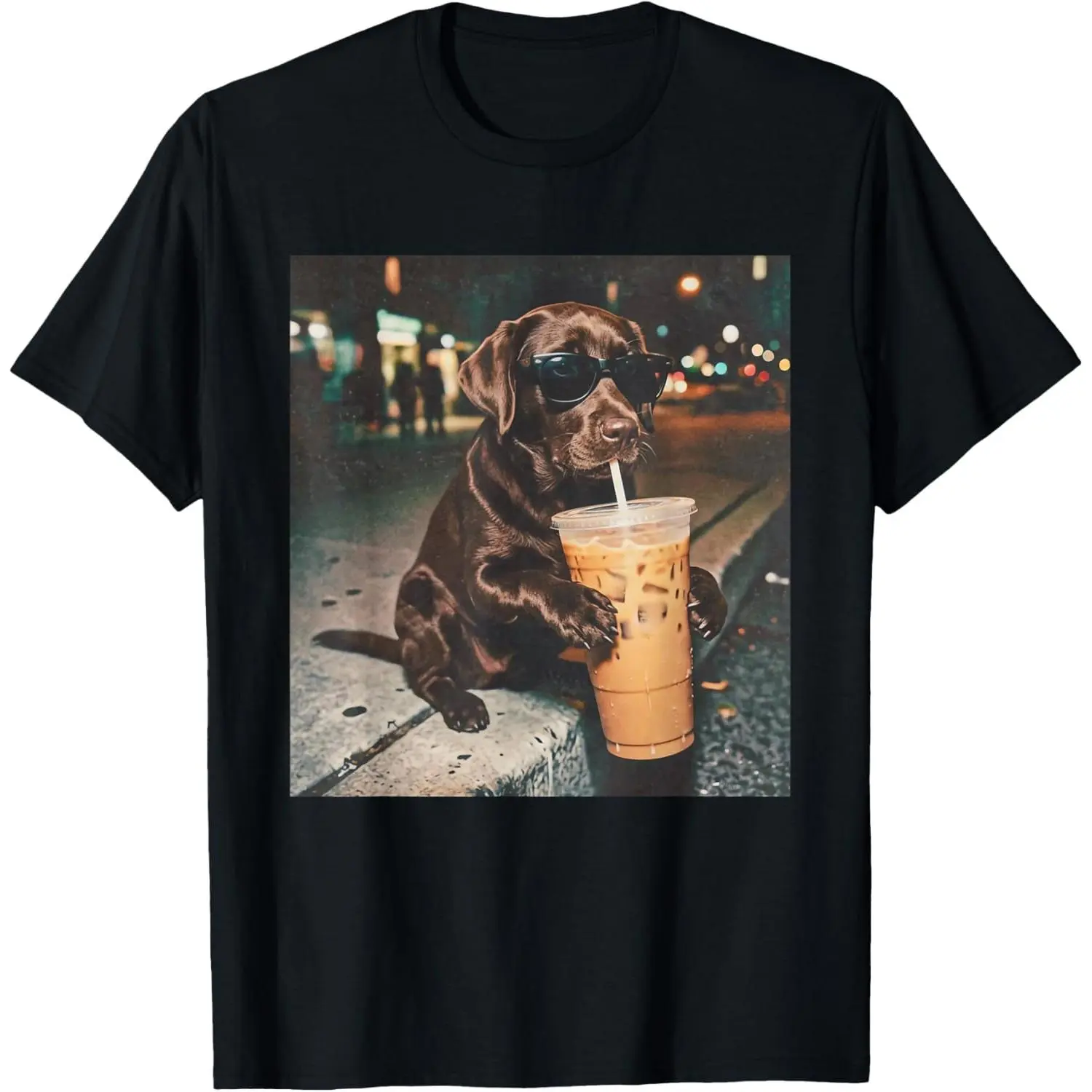 100% Cotton Funny Chocolate Lab Drinking Iced Coffee Lovers Graphic T-Shirt