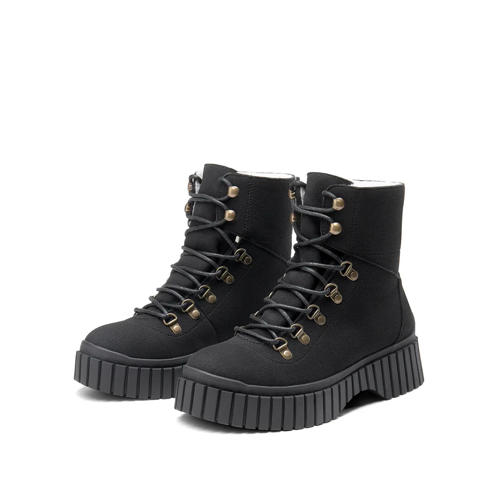 Women's Lace-Up Ankle Boots with Chunky Tread Sole and Warm Lining