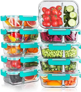 10 Packs 30oz Glass Meal Prep Containers 2 Compartments,Glass Food Storage Containers with Lids,Airtight Glass Lunch Bento Boxes,Oven,Freezer and Dishwasher Safe, Green