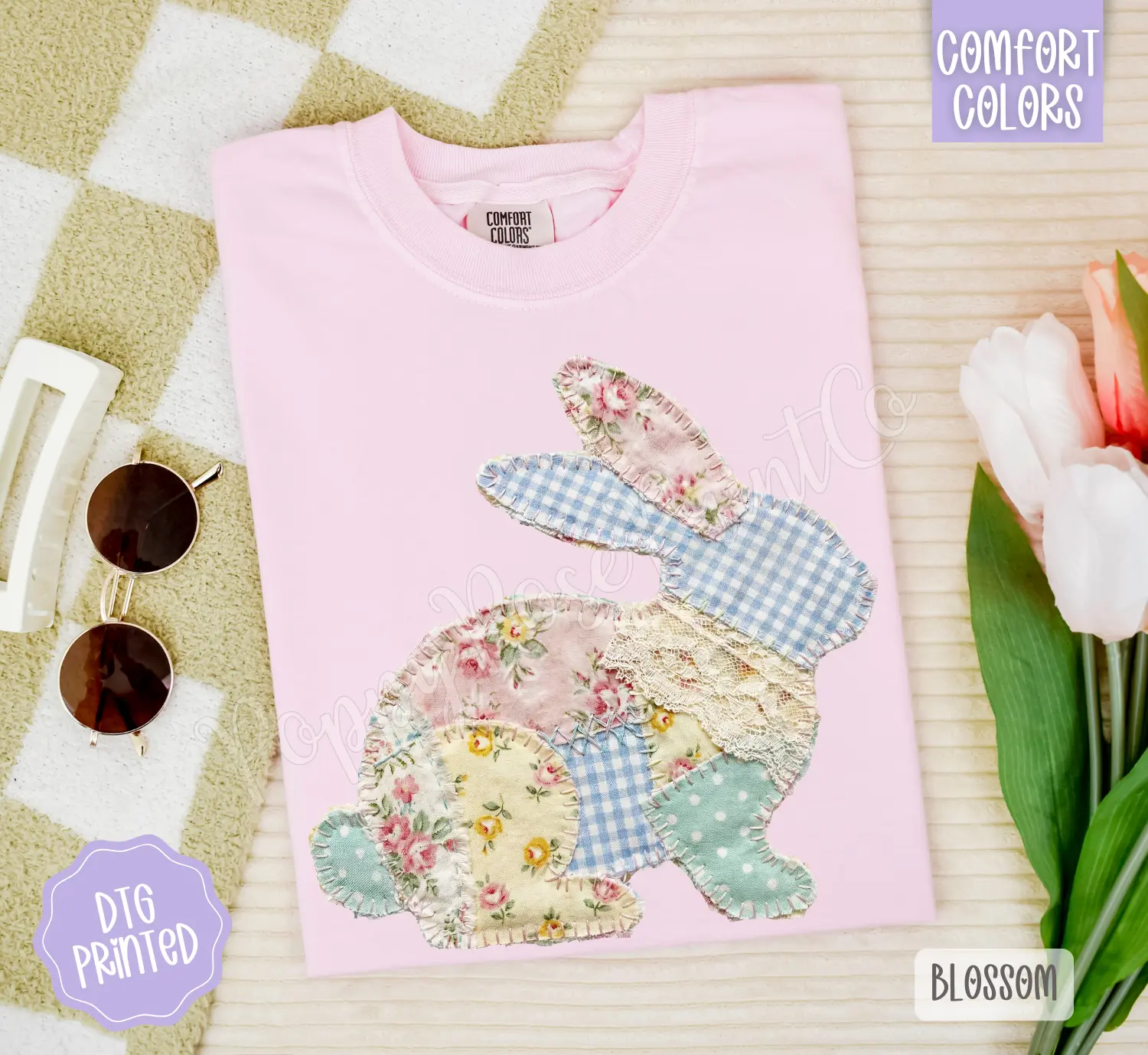 Faux Quilted Bunny Shirt Comfort Colors, Trendy Women's Tshirt