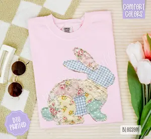Faux Quilted Bunny Shirt Comfort Colors, Trendy Women's Tshirt