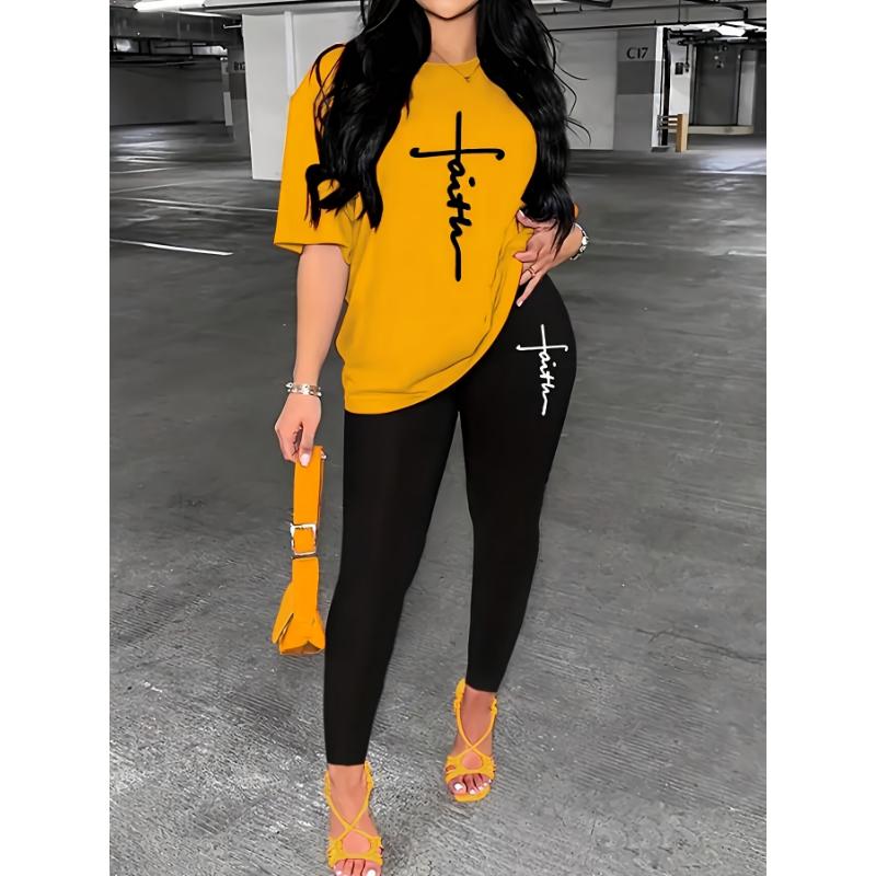2 piece sets double layer dress Casual Faith Print Pantsuits, Short Sleeve T-shirt & Skinny Leggings Outfits, Women's Clothing Fabric Womenswear Collar Spandex Comfort Gamis Crewneck Fitted Multicolor Shortsleeve 2 piece sets women Polyester Ginger-Colore