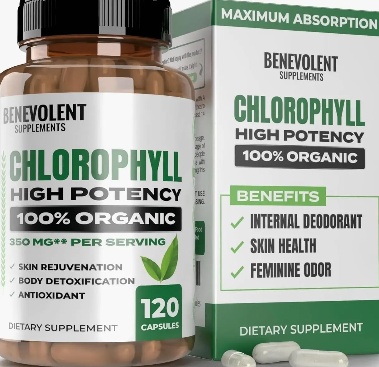Benevolent Chlorophyll Capsules 350mg - 100% Natural + Ultra Chlorophyll 20x Potency Concentration for Energy Boost, Immune Support, Internal Deodorant, Skin Health, Non-GMO, 120 Capsules