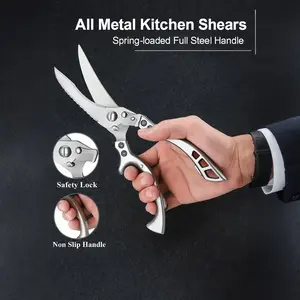 Spring-Loaded Stainless Steel Kitchen Shears - Heavy-Duty Serrated Poultry Shears, suitable for preparing food in the kitchen, cutting meat, bones, and fish, multi-purpose professional kitchen shears.