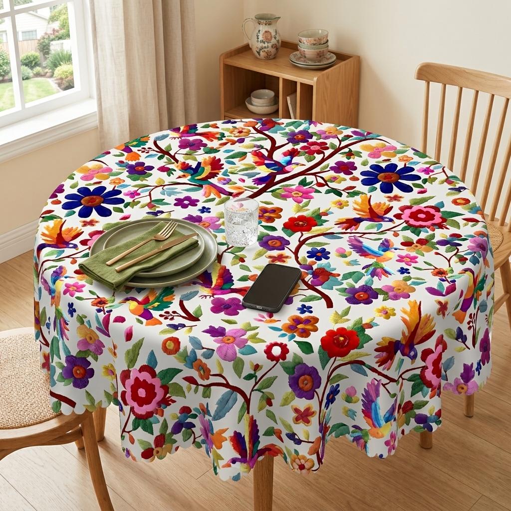 Fall Thanksgiving Mexican Floral Bird Print Tablecloth, Colorful Bohemian Embroidery‑Style Table Cover, Boho Folk Art Decor Table Cloth for Rectangular Round Dining Table, Indoor Outdoor Autumn Harvest Home Kitchen Decoration
