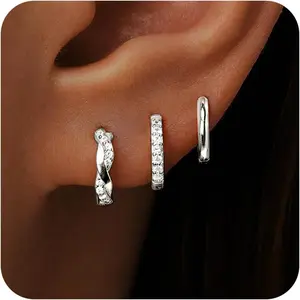 Gold Huggie Hoop Earrings Set for Women, Dainty Small Sterling Silver Earring for Multiple Piercing Stacks Hypoallergenic Jewelry, Trendy Twisted Birthstone CZ Cartilage Earings Gifts 3Pairs