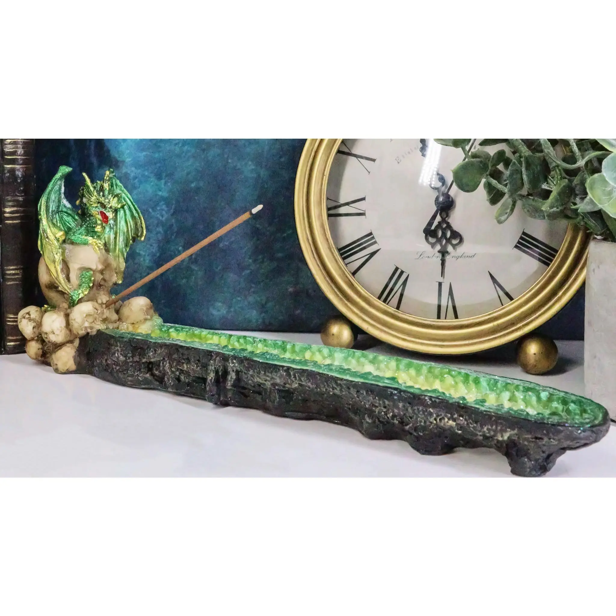 Ebros Green Dragon on Skull Stick Incense Burner 10.75" Length Functional Decor