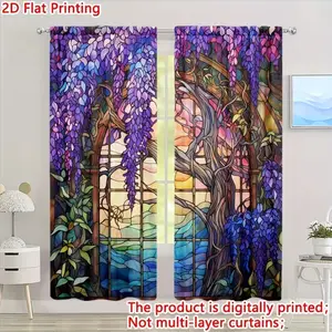 2D Flat Printed Curtain Set, Colorful Glass Vines Design, Ideal for Home Decor, Bedroom, Office, Kitchen, Living Room & Study, Easy Install Curtain