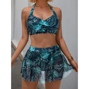 Women's Elastane 3-Piece Green Bathing Suit Women Set - Neck & Chest Accents, Cross Triangle Bottoms, Mesh Skirt, Sport Bra, Chic Design - Casual Vacation Beach Swimwear, Mesh-Trimmed Bikinis Set