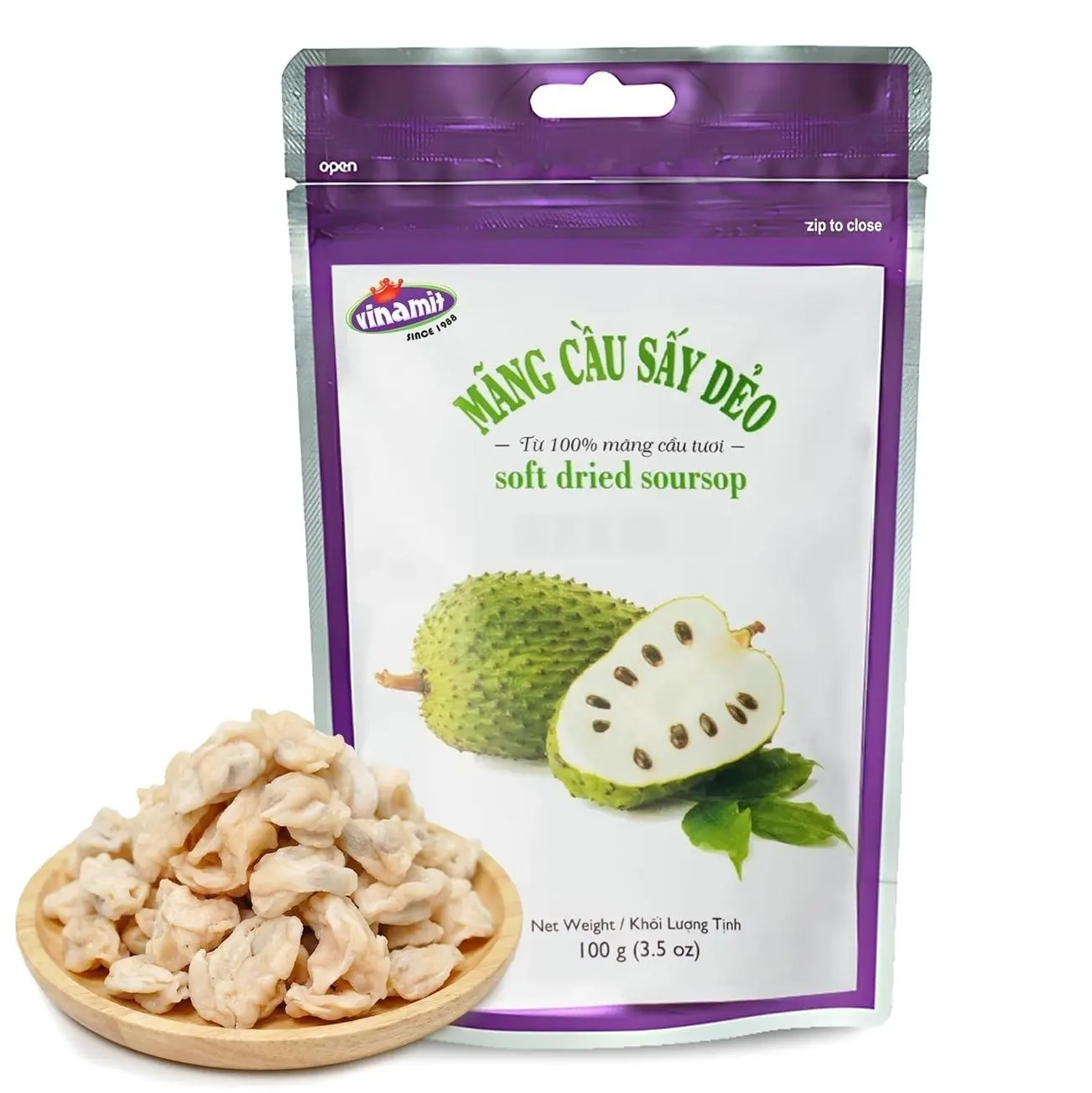 Vinamit Soft Dried Soursop | Soursop Fruit 3.5 oz bag | Natural Tropical Fruit Snack | Vegan, Gluten-Free, Non-GMO | High in Fiber, Ideal for Travel & Clean Eating