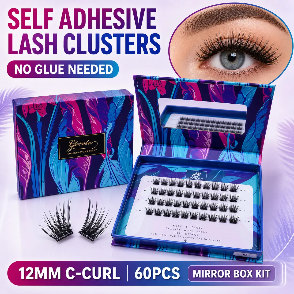 Gorota eyelash cluster Kit: 12 mm C curl, no glue needed; DIY self-adhesive lash extensions; natural lengthening style with case and press-to-segment false lashes (compare with Goddess Venus and YOULUCK).