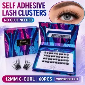 Gorota self-adhesive segmented false eyelashes, 60 clusters, 12 mm C curl, no glue needed for DIY application, natural lengthening style, boxed with mirror, press-on segmented false lashes