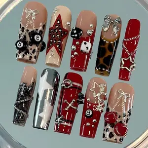 Long Coffin Press On Nails, Red and Leopard Nails, 3D Star Nail Set, Chain and Bow Nails, Luxury Handmade False Nails