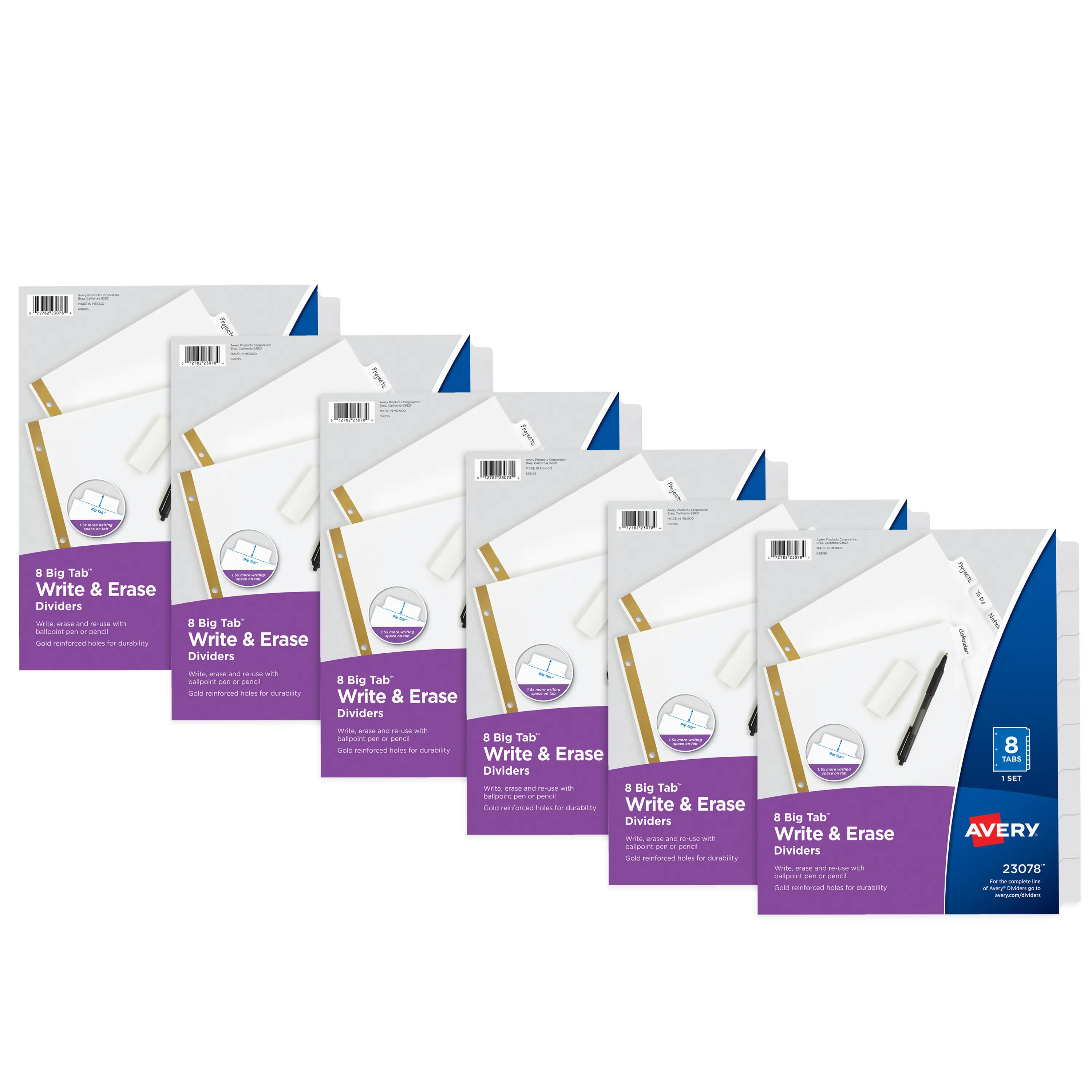 Avery Big Tab Write & Erase 3-Hole Punched Paper Index Dividers with Gold Reinforcement, 8-Tab Set for Work & 3-Ring Binders, White, 6 Sets (21213) with Enhanced Visibility