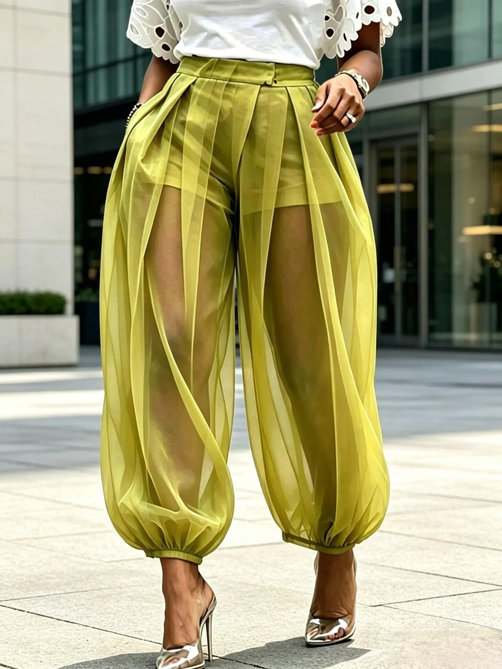 Women's High Waist Multiple colors Mesh Pleated Sheer Lantern Harem Pants - Drawstring, Elegant, Fashion, Buttons, Basics, Modest, Cold Wash for Casual Streetwear, Holiday Outfits, Classic, Joggers
