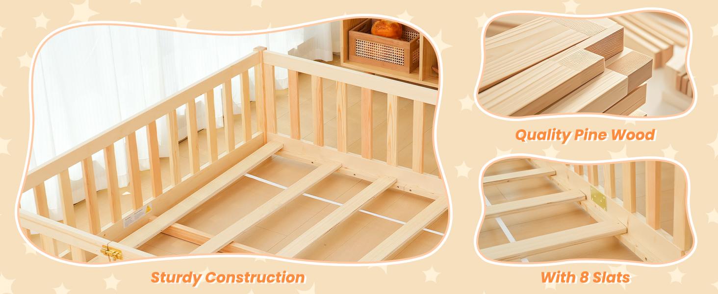 Naudacaa Twin/Full Size Montessori Floor Bed for Kids, Solid Wood Bed Frame with Fence, Door & Safety Guardrails, CPC Certified