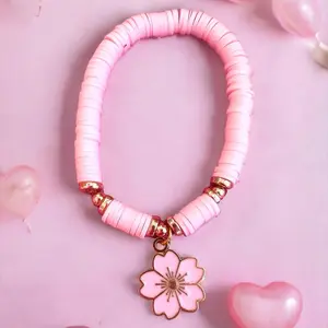 Flower Charm Polymer Clay bracelete -pink