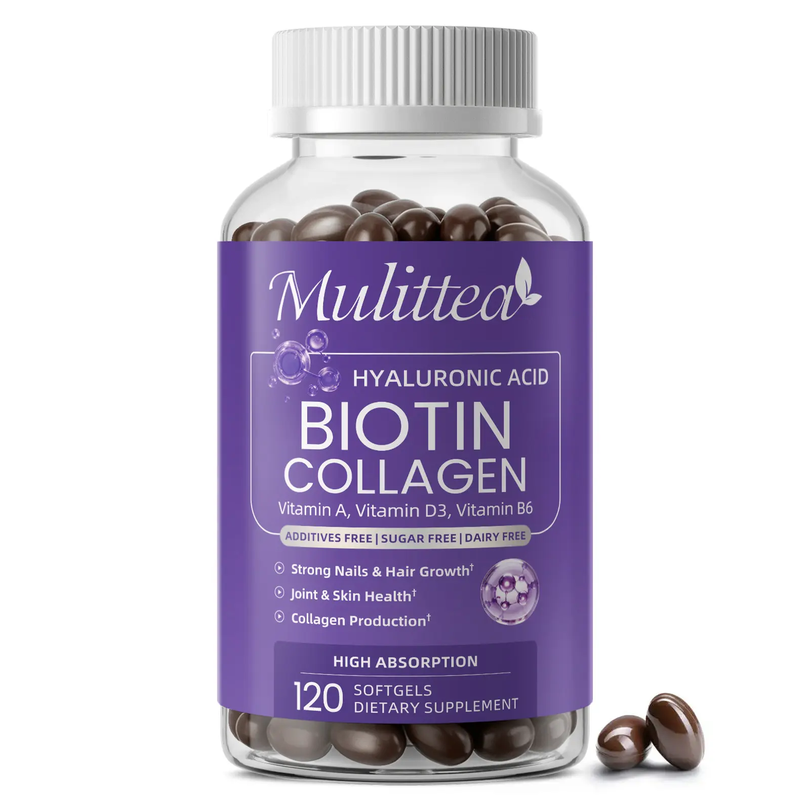 Mulittea 4000MCG Biotin Collagen Capsule - Types I, III, Collagen for Women & Men - Hair Growth Support Supplement - Skin, Nails Beauty Complex - 120 Count