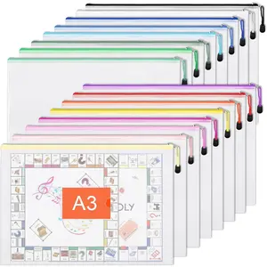 16pcs Mesh Zipper Pouch Bags, A3 Large Zipper Bags Board Game Storage with Labels, 16.7x12.4 Inch Plastic Zip File Folders Puzzle Storage Bag for Organizing Classroom Office Home