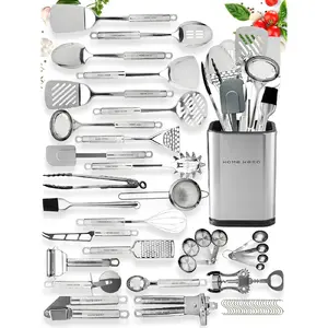 54-Piece Stainless Steel Kitchen Utensils Set - Heat-Resistant Nonstick Silicone & Stainless Steel Cooking Utensils - Complete Tools with Slotted Spoon & Pasta Spoon - Pack of 54, Silver