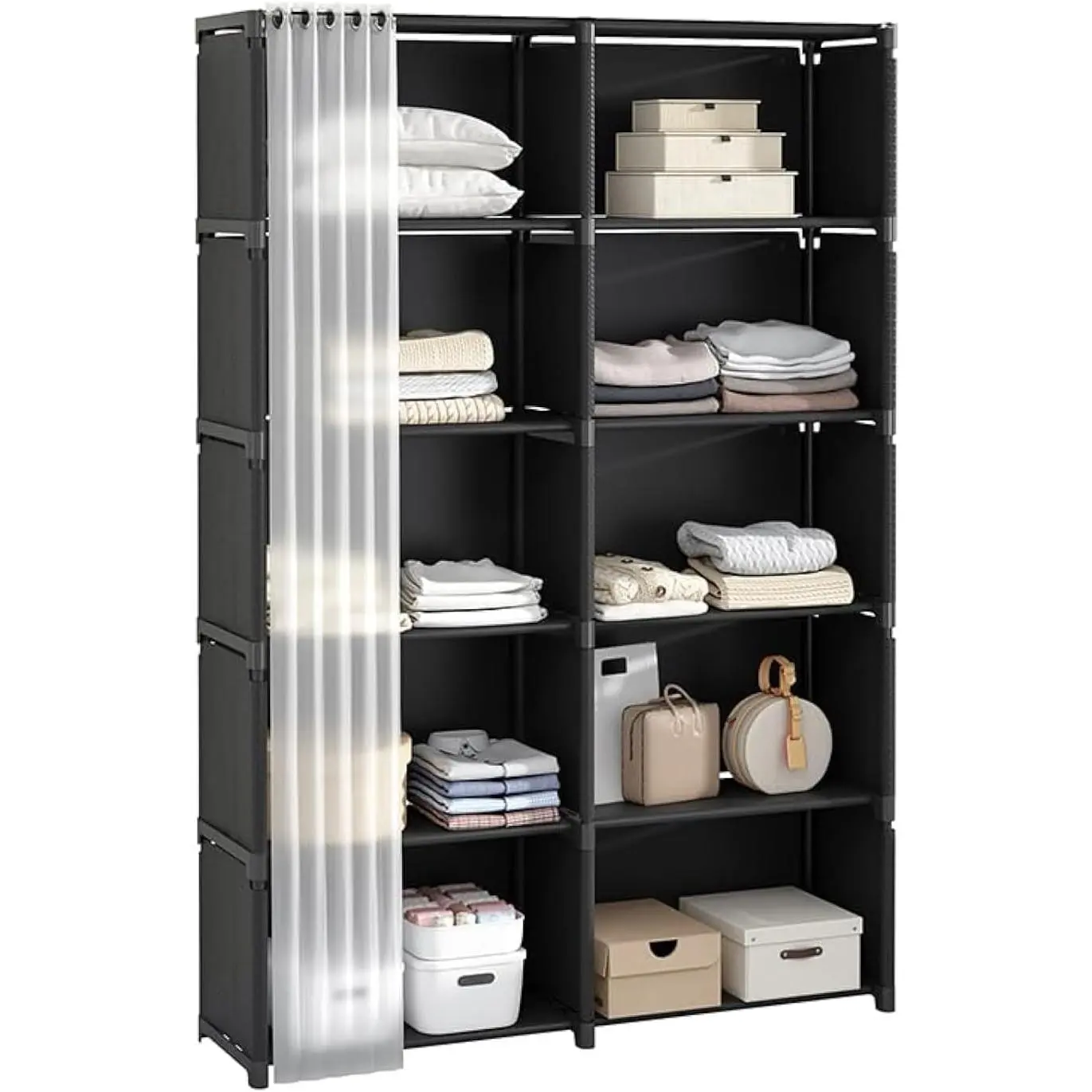 8-Cube Double Row Storage Organizer with Curtain – 5-Tier Freestanding Bookshelf & Cabinet for Bedroom, Office, or Bathroom (Black)