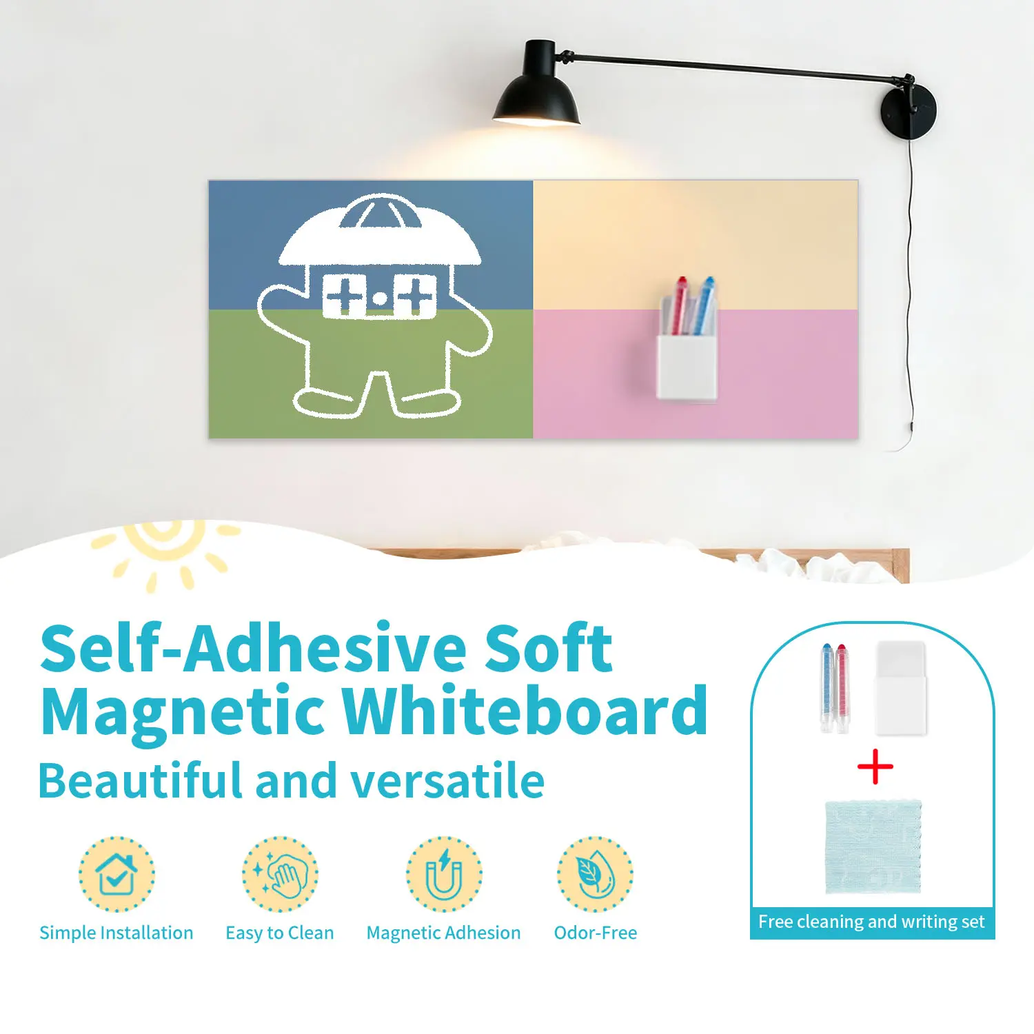 Self-Adhesive Magnetic Whiteboard Wall Sticker, Removable Vinyl Decal, Multi-Color Design, Easy to Clean, Reusable, Home Decor, 100cm X 40cm