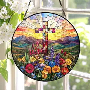 Stained Glass Cross And Wildflowers Suncatcher Christian Glass Window Hanging Flower Cross Gift For Religious Easter Faith Cross Home Decor