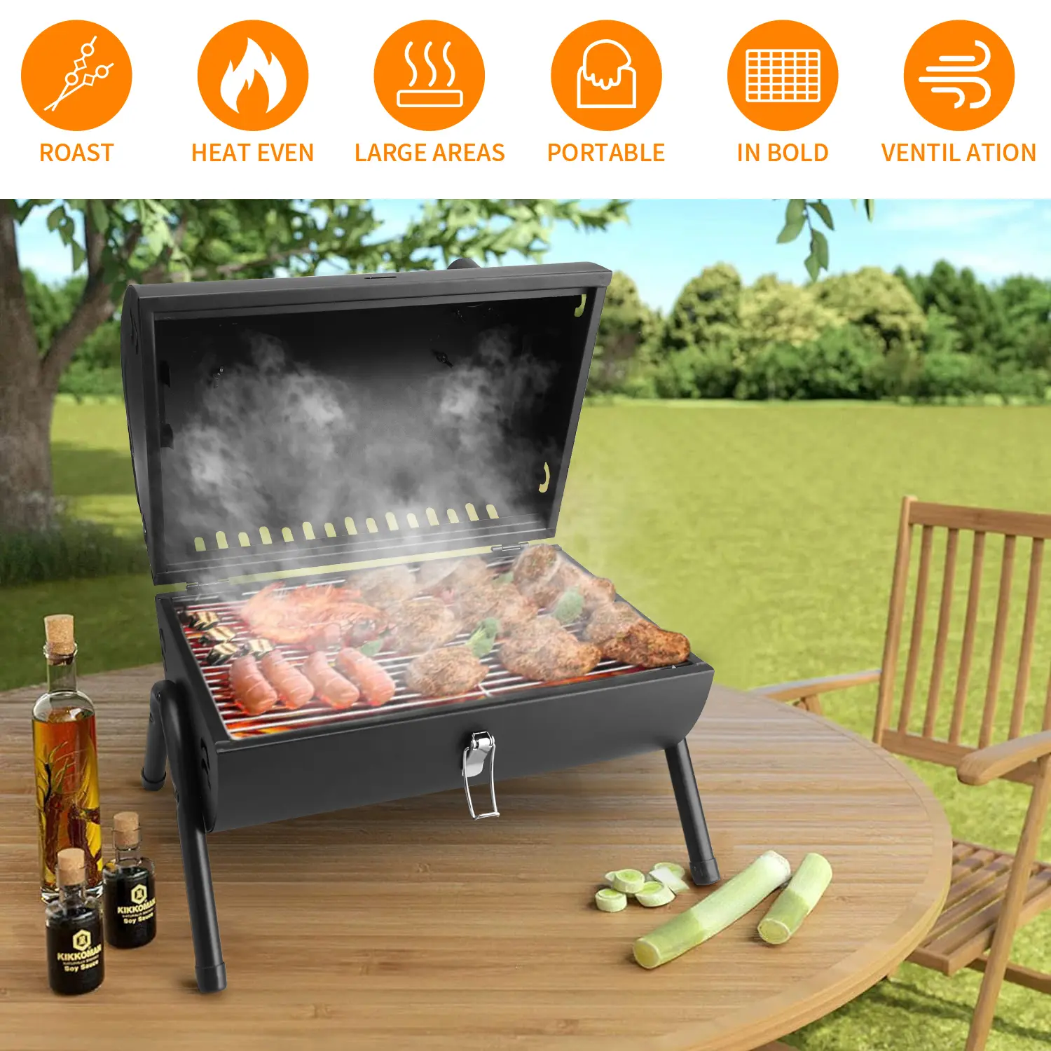 Portable Large Charcoal Barbecue Grill - Double-Sided Grilling Grid, Detachable Charcoal Pan, Stable Triangle Support, Wooden Carry Handle, Portable Design, Even Heat Distribution, Ventilation for Camping, Backyard BBQ, Cooking Bbq Camping, Outdoor Barbeq