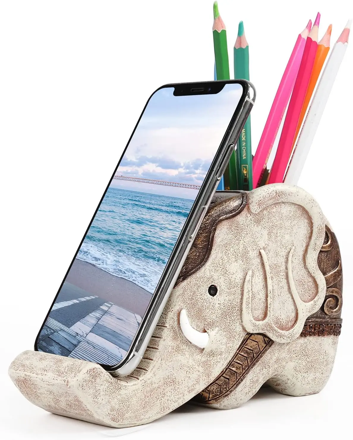 Triple-Use Resin Elephant Desk Organizer - 6.2x2.2x4" High-Quality Compact Pencil Holder, Space-Saving Smartphone Stand, Birthday Gift for Teachers (Mobile Phone Accessories), Elephant Design