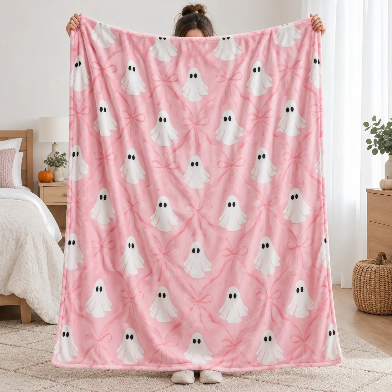 Pastel Pink-White Cute Ghost Bow Halloween Flannel Blanket, Soft Cozy Fuzzy Super Plush Throw, Ideal Gift for Halloween Lovers for Bedroom Sofa Decor, Cozy Together Soft Blanket Vibes Item,familyfun