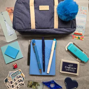 Bookish Deluxe Bundles - Pencil Bag with Pom Pom Keychain, USB Book Light, Journal Pen & Highlighter,wide Assortment of pens, Stickers & Enamel Pin, Stationery Set for everyone.