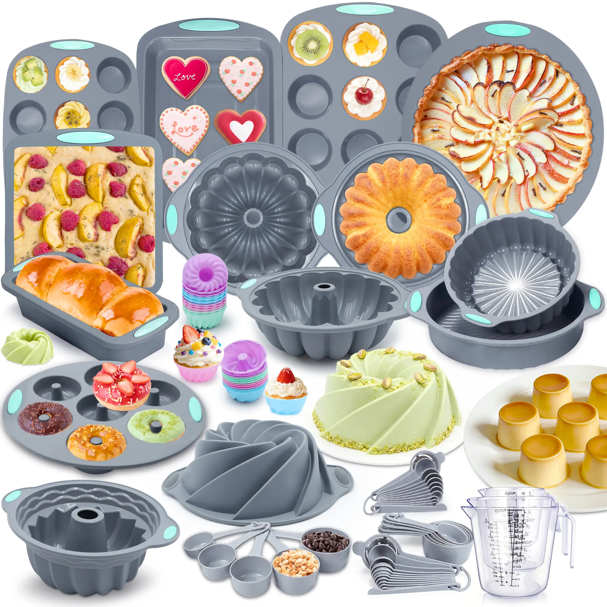 75 /54/21 Pieces，Pieces Silicone Baking Pans Set, 10 Silicone Cake Molds, Loaf Pan and Muffin Pans, Non-Stick Baking Cup, with Measuring Cups and Spoons Set, Grey, Valentine's Day Gift Set, Family Gathering Gift， Mother's Day Gifts，SummerVibes