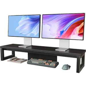 Dual Monitor Stand Riser, Wood and Steel Monitor Stand for Desk, Multi-Purpose Desk Shelf Organizer for Computer, Laptop, Printer, TV, Black