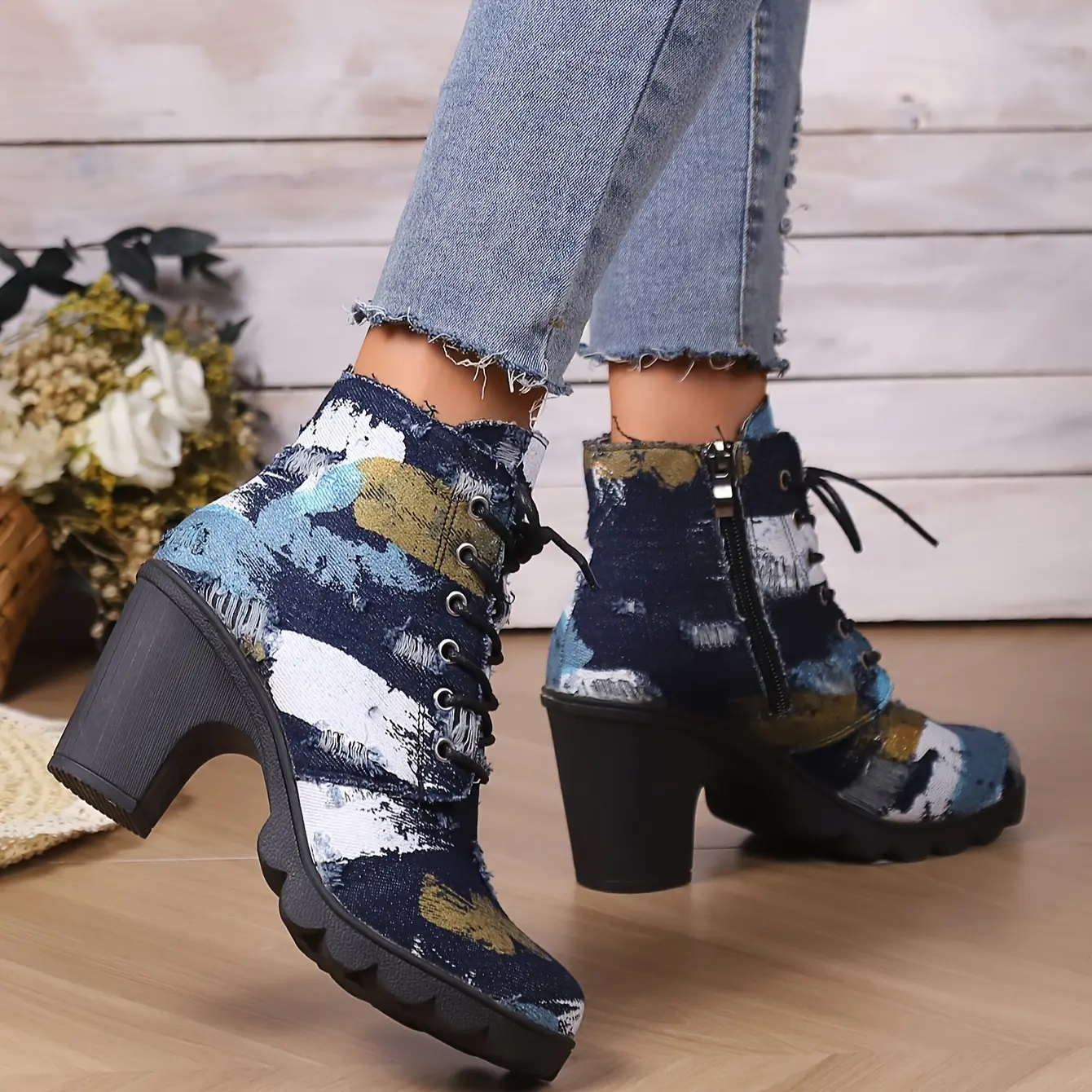 Women's Distressed Patchwork Cowboy Short Boots - Fabric Upper, Round Toe, Breathable Shoe, Chunky Heel, Thick Rubber Sole, Lace-Up Closure, Side Zipper