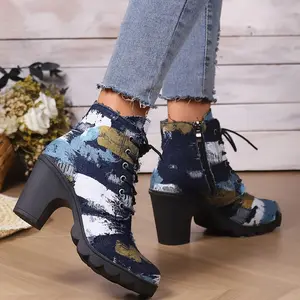 Women's Distressed Patchwork Cowboy Short Boots, Footwear with Fabric Upper, Round Toe, Breathable Design, Chunky Heel, Thick Rubber Sole, Lace-Up Closure, Side Zipper