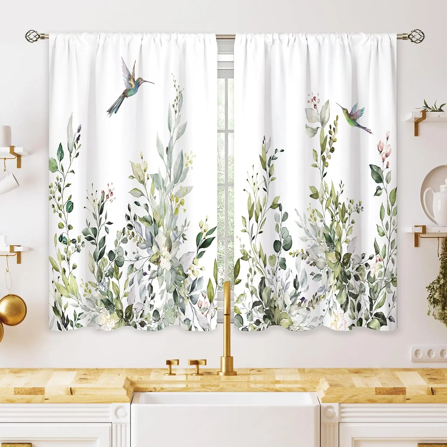 Sage Mint Green Light Filtering Bird Print Botanical Curtains, Eucalyptus Leaves & Small Hummingbird Design, 27.5x39in Tier Drapes for Kitchen, Bathroom Cafe Short Window Treatment, Light Filtering Curtains, Bird Print Curtains