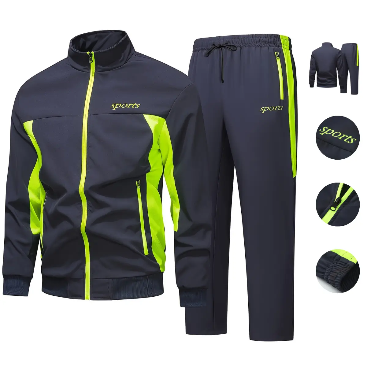 Men's 2-Piece Fitted Neon Green Patchwork Athleisure Gym Clothes Matching Tracksuit - Bold Zip-Up Jacket with Zipper Pocket, Drawstring Activewear Tracksuits Pants, Sporty Chic Wear for Gym, Street Style