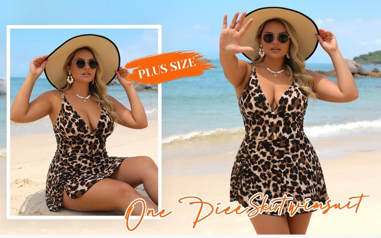 Women's Plus Size Leopard Print One Piece Swimdress Deep V Neck Skirt Bathing Suit  curvy size swimsuits summer swimwear vacation dress